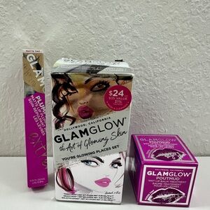 GLAMGLOW bundle mini skincare kit, poutmud, and outrageous plumping lip balm